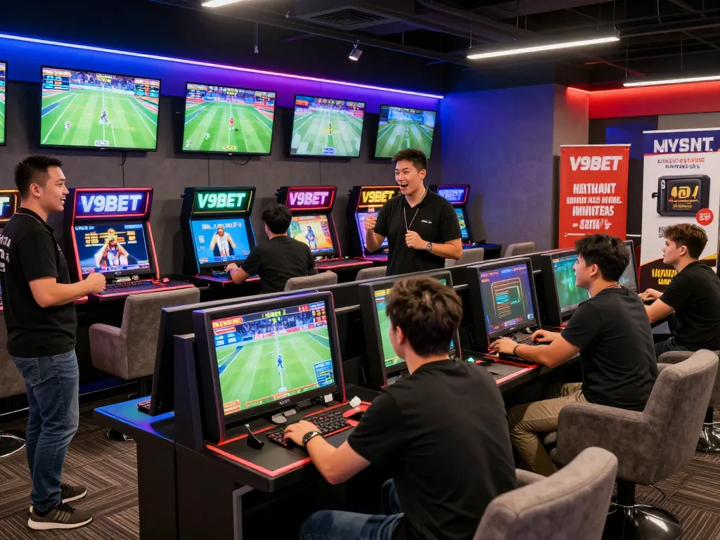 V9BET players enjoying live sports betting at a vibrant gaming lounge with exciting promotions.