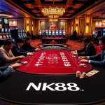 Engaging in a high-stakes poker game at NK88 casino table with colorful chips and cards.