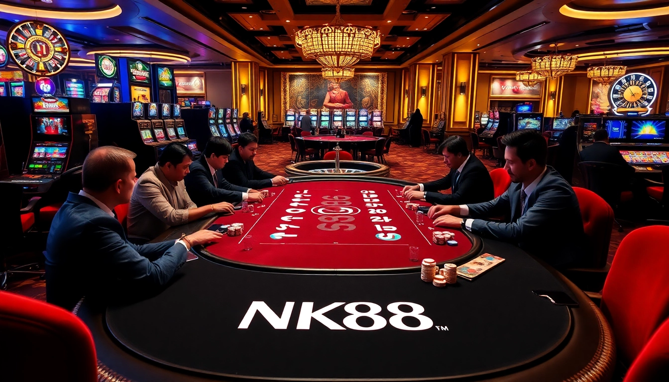 Engaging in a high-stakes poker game at NK88 casino table with colorful chips and cards.