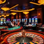 Exciting gaming action at PG 88 casino with roulette and poker tables bustling with players.