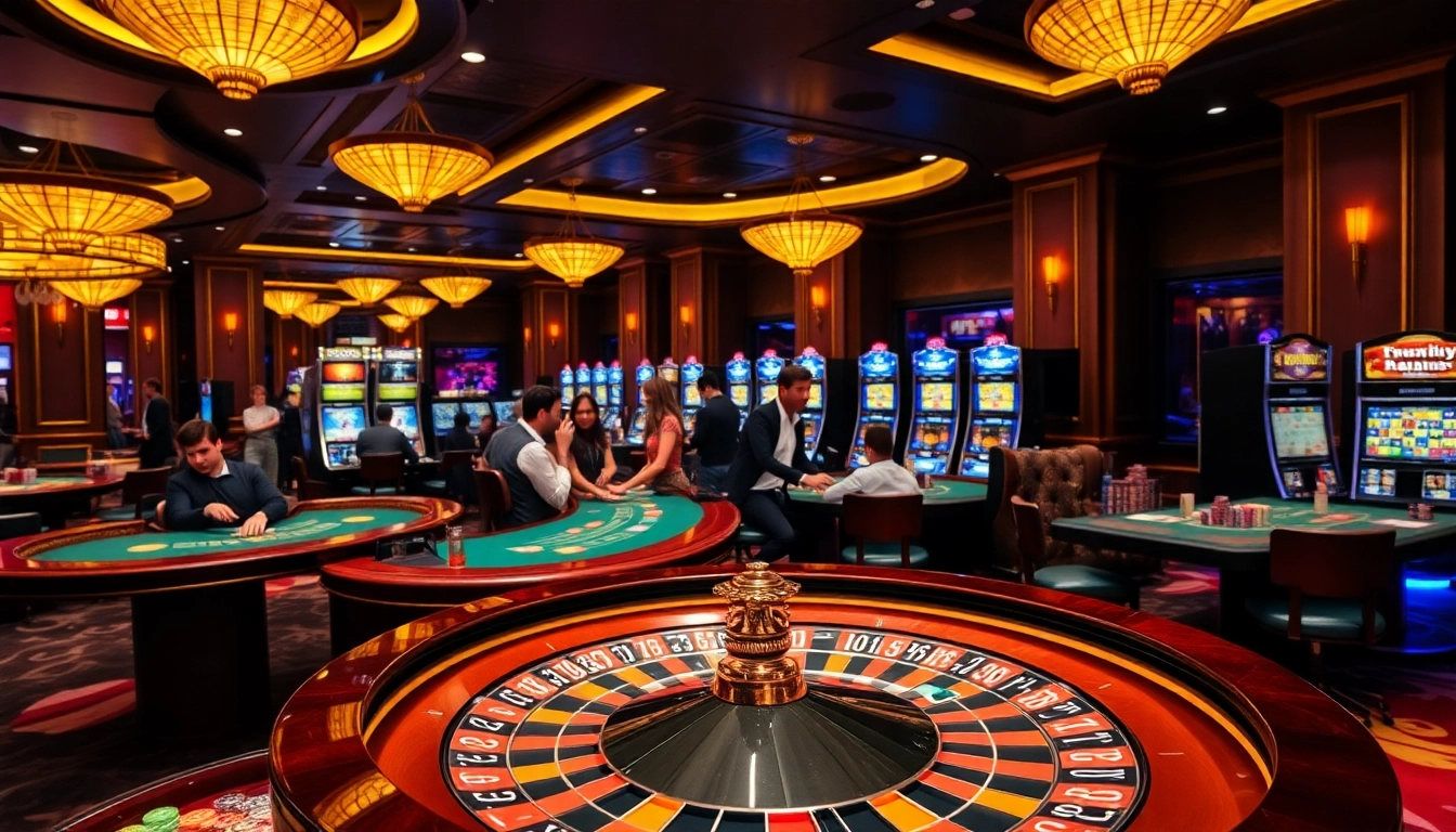 Exciting gaming action at PG 88 casino with roulette and poker tables bustling with players.