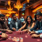 Mega888 gaming excitement at a vibrant casino poker table with diverse players.