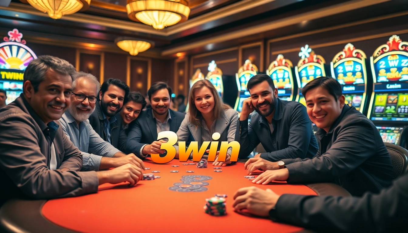 Gamblers enjoying a vibrant poker game at 3win casino, immersed in strategy and excitement.