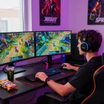 Gamer engaging with thrilling online games at Onbet, showcasing modern gaming setup and vibrant atmosphere.