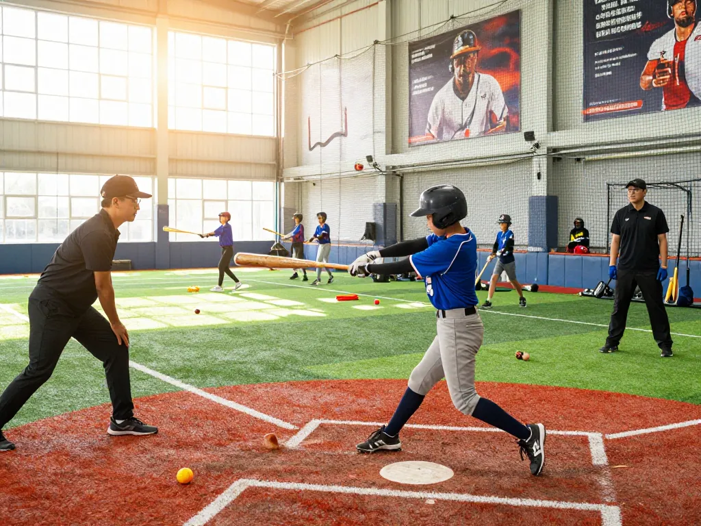 Hitclub baseball training scene with young athletes practicing and coaches guiding in an energetic indoor facility