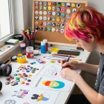 Creative workspace featuring custom button pins, design materials, and an artist at work.