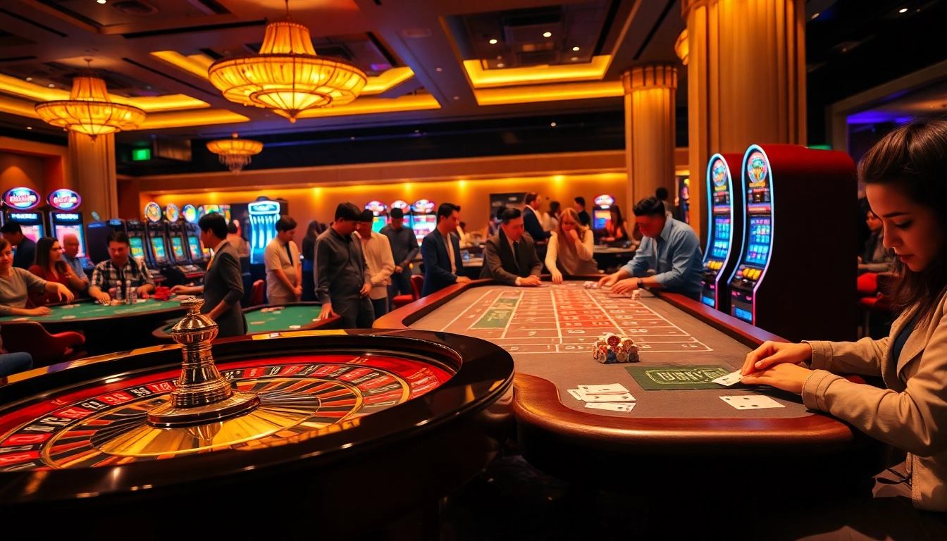 Players enjoying games at Jun 88 casino, showcasing vibrant roulette and slot machines.