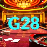 Experience the excitement of G28 gaming with vibrant casino visuals including cards and roulette.