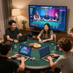 Players strategizing during an online poker game at home, highlighting nhà cái uy tín Sunwin atmosphere.