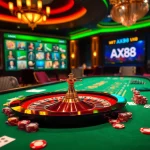 Experience the thrill of winning with AX88 at a lavish casino table featuring roulette and cards.