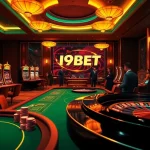 I9BET online casino features vibrant gaming with poker chips and slot machines.