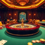 Betting excitement at https://jun88.pizza/ with a lively casino scene featuring roulette and cards.