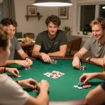 Players enjoying a friendly poker game at home as they strategize for the hit club.