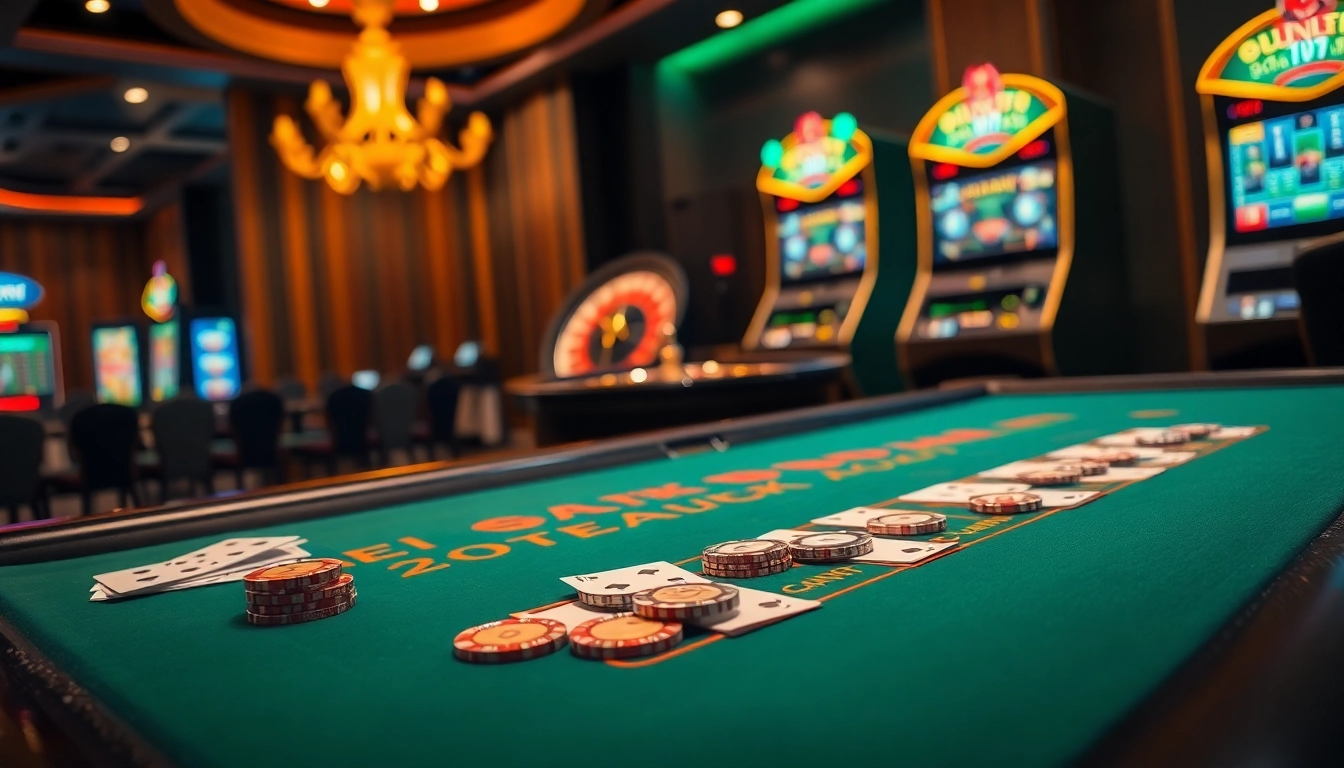 Exciting gambling action at KIM88's vibrant casino tables with roulette wheels and slot machines.