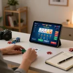 C168 user engaging in online poker gameplay with tablet, reflecting strategic decision-making in a cozy setting