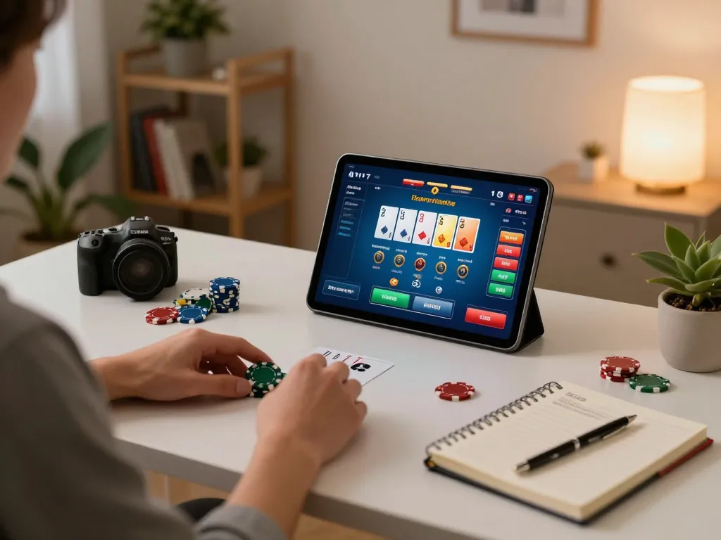 C168 user engaging in online poker gameplay with tablet, reflecting strategic decision-making in a cozy setting