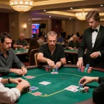 Hbet poker tournament featuring players at a green felt table in a vibrant casino.