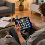 Enjoying an engaging online slot game at https://red88tt.com/, featuring vibrant reels and cozy atmosphere.