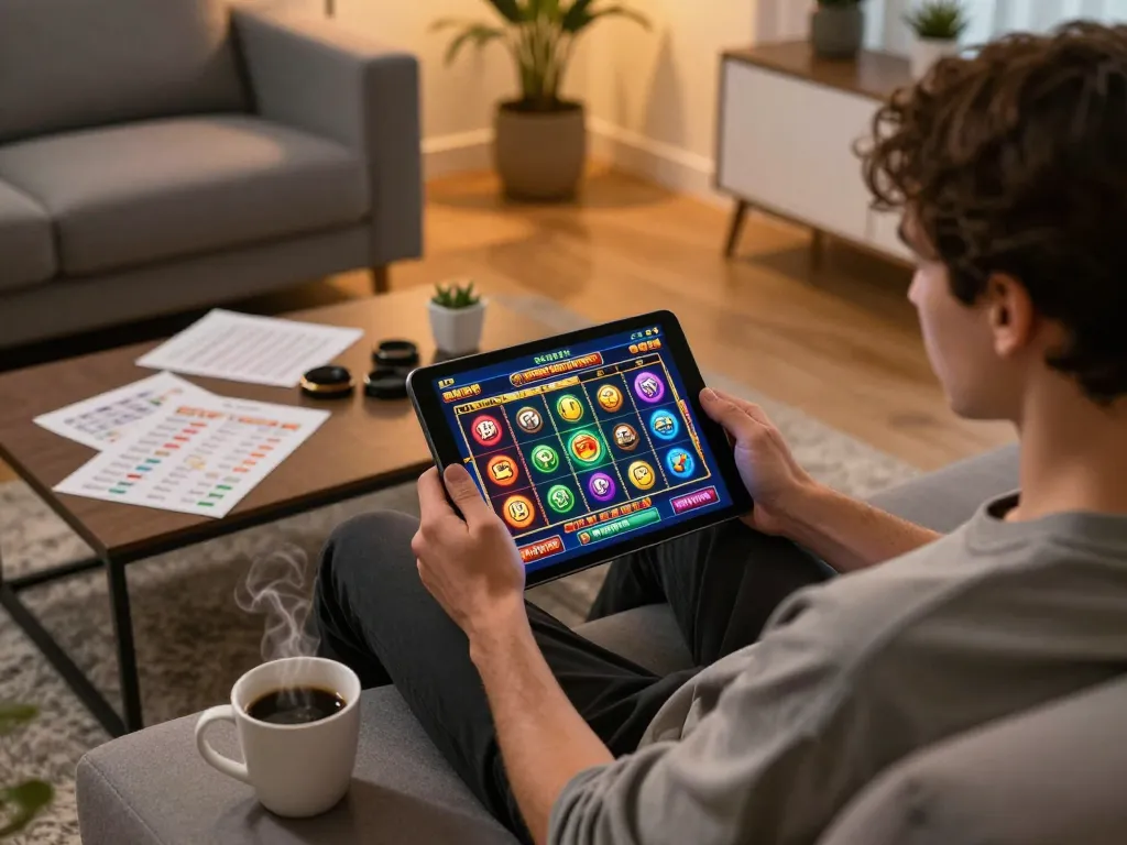 Enjoying an engaging online slot game at https://red88tt.com/, featuring vibrant reels and cozy atmosphere.