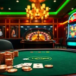 TWIN68 engaging online gambling interface filled with poker chips, roulette wheel, and slot machine.