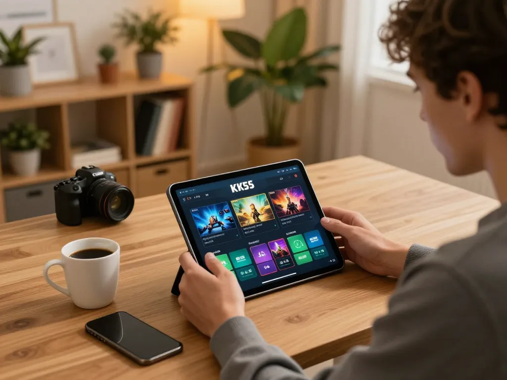 Player engaging with the KK55 app on a tablet, showcasing exciting betting possibilities.