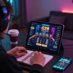 Player engaging with G28's online casino app on tablet in a cozy home gaming setup.