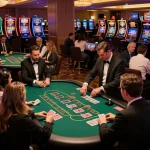 Players engaging in blackjack at LV88 casino, showcasing excitement and strategy in a vibrant environment.