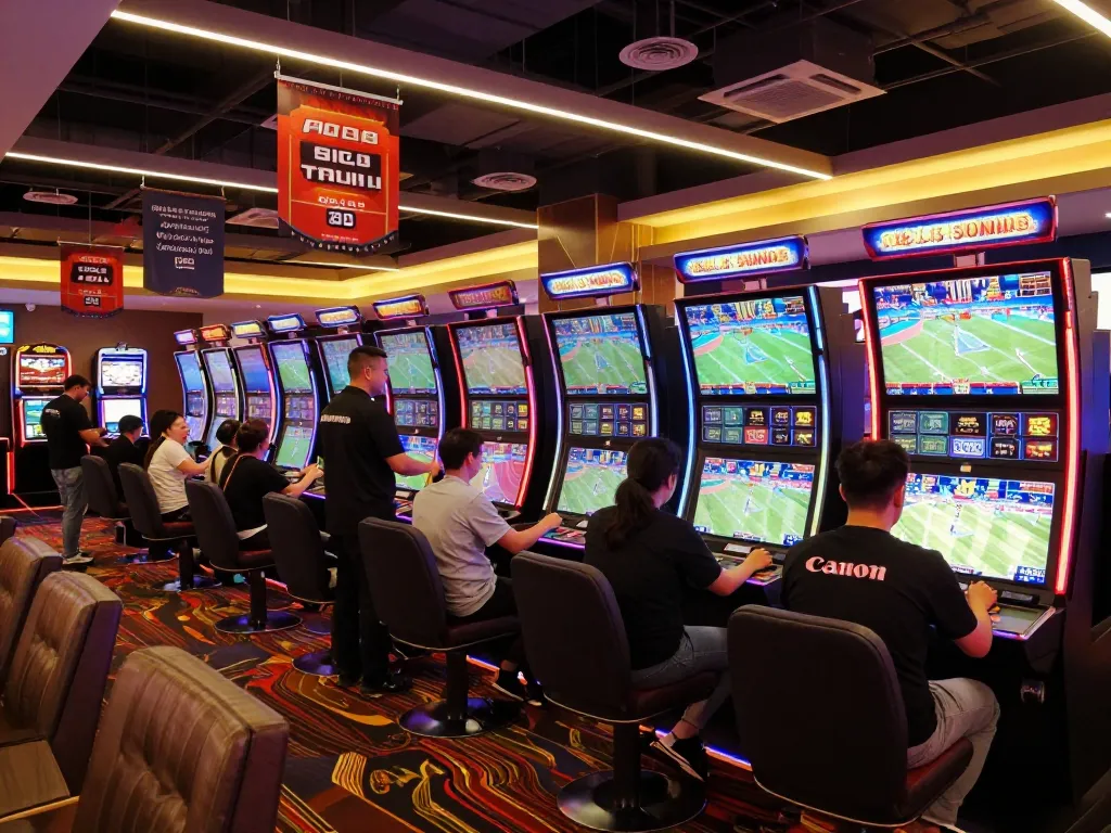 Engaged bettors placing wagers in a lively sports betting lounge, exploring soi keo nha cai options