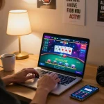 Person engaged in online blackjack gameplay on laptop, highlighting GO8 CAPITAL and strategic gaming practices