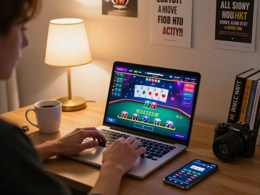 Person engaged in online blackjack gameplay on laptop, highlighting GO8 CAPITAL and strategic gaming practices