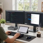 Person using a Mac Mini in a modern home office, showcasing task automation with MoltBot AI.
