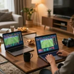 Person engaged in sports betting with 789bet on a laptop in a cozy living room setting
