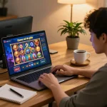 Player enjoying Game nổ hũ đổi thưởng on laptop in a cozy home gaming setup with notes and coffee.