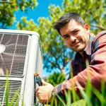 AC Repair Tampa technician expertly fixing an air conditioning unit in a sunny residential garden.