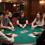 Net88 poker players analyze strategies at an elegant casino table, showcasing thrilling gameplay.