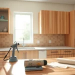 Cabinet Refacing Clearwater FL showcasing modern cabinets and tools in a bright kitchen scene.