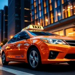 Taxis navigating a vibrant urban cityscape at twilight with bright city lights.