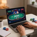 Player engaged in online blackjack at bong88 with stylish setup and strategy notes