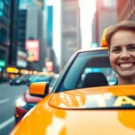 Taxi driving through a vibrant city, showcasing friendly service and urban vibrancy.