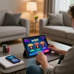 Player interacting with sc888 online casino interface at home, showcasing engaging gambling experience.