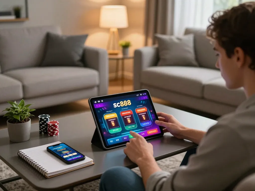 Player interacting with sc888 online casino interface at home, showcasing engaging gambling experience.