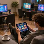 g28 user enjoying an engaging online casino experience on a tablet in a cozy home environment