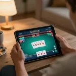 Player enjoying sc88 online poker game on a tablet in a cozy living room setting