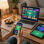 Engaged player using BL555 for sports betting on smartphone in cozy home setting