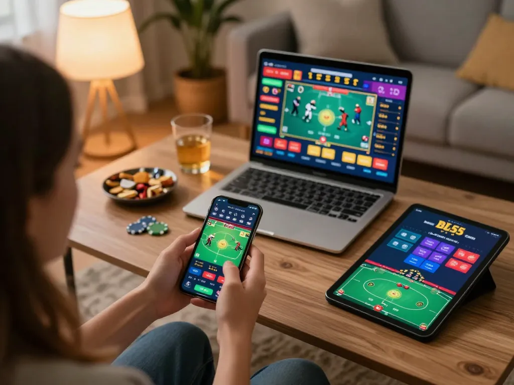 Engaged player using BL555 for sports betting on smartphone in cozy home setting
