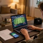 Engaging online sports betting scene with tg8 app on laptop and notes for strategic gameplay