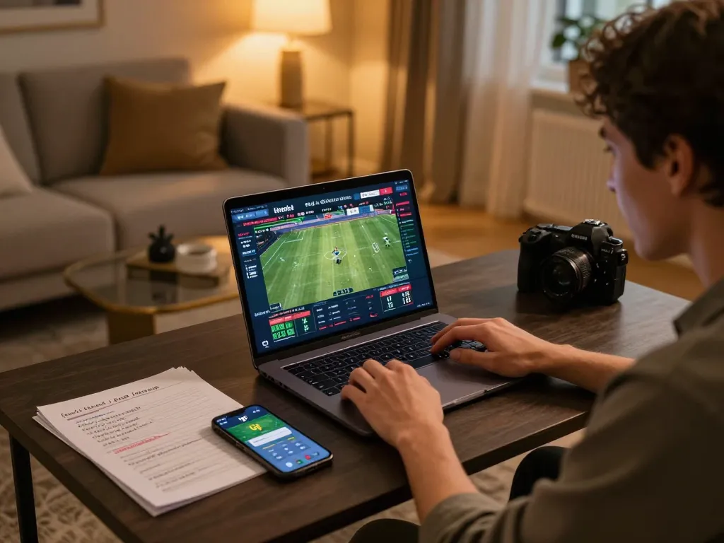 Engaging online sports betting scene with tg8 app on laptop and notes for strategic gameplay