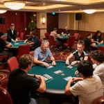 Players engaging in a high-stakes poker game at KKWIN, showcasing intense focus and casino atmosphere.