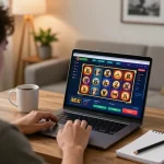 Player enjoying kubet online casino's exciting slot games in a cozy home setting