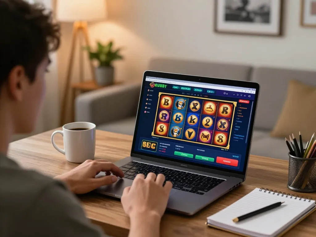 Player enjoying kubet online casino's exciting slot games in a cozy home setting